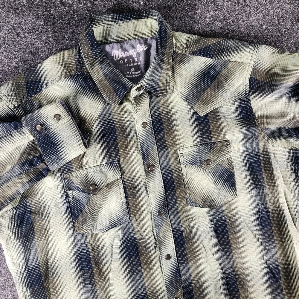 Wrangler Retro Premium Mens XL Plaid Western Snap Shirt Green Black Cowboy